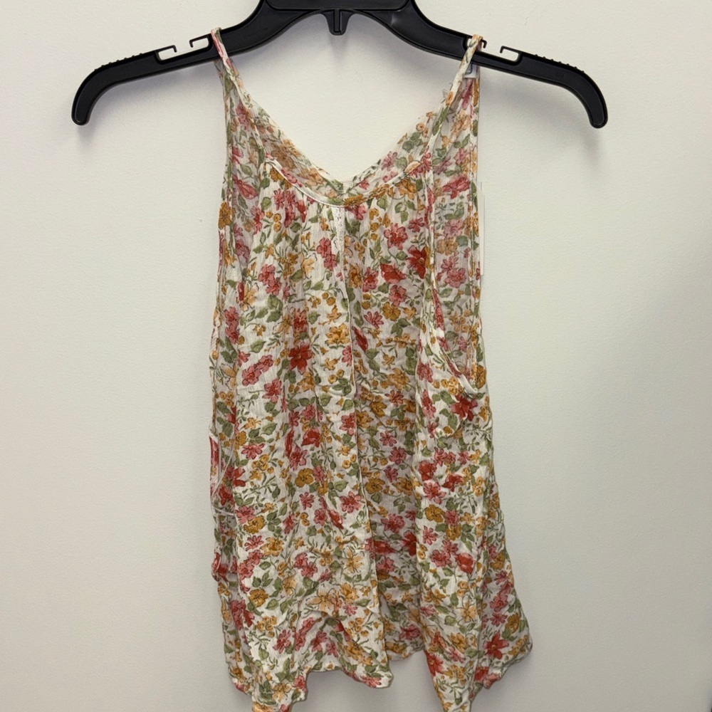 Floral Print Spaghetti Strap Tank Top - White with Red & Gold Floral